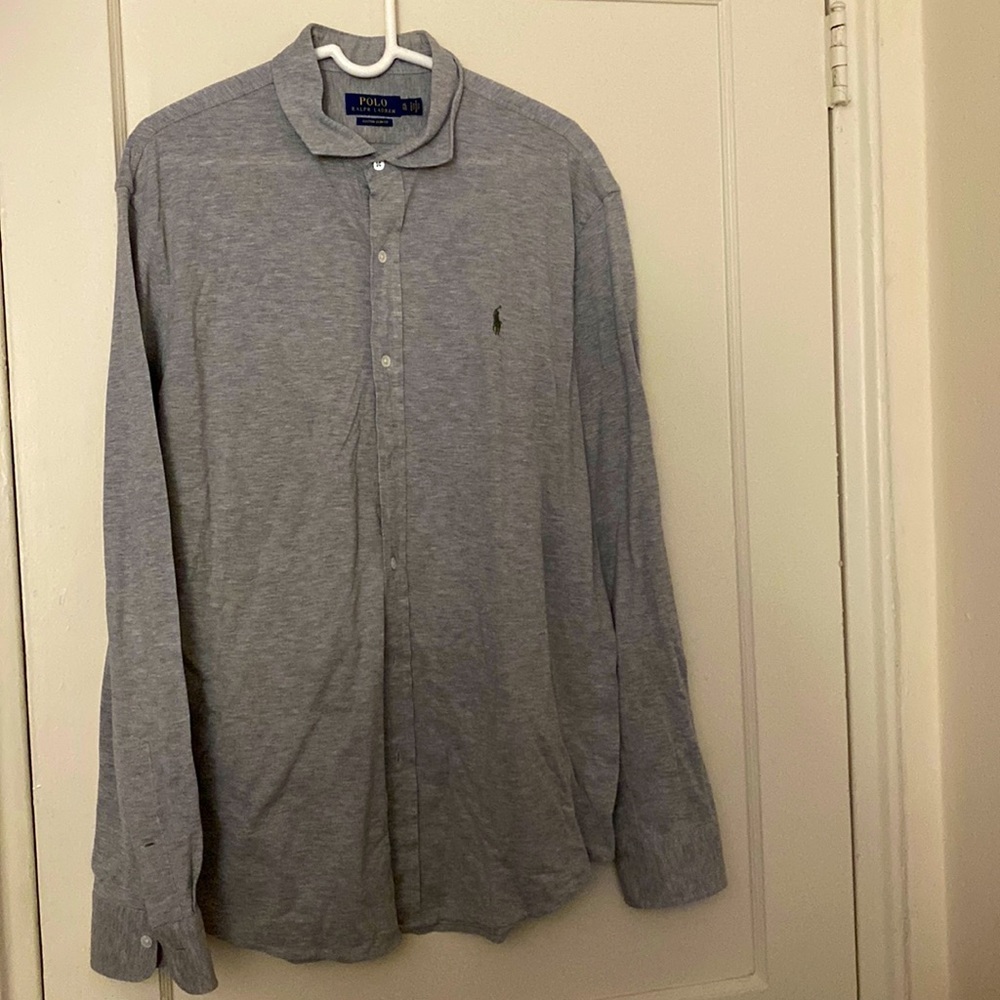 polo gray custom slim fit button down long sleeve size: XL